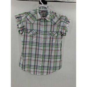 Wrangler Shirt‎ Womens MED Pink Green Retro Pearl Snap Ranch Cowboy Rodeo Date